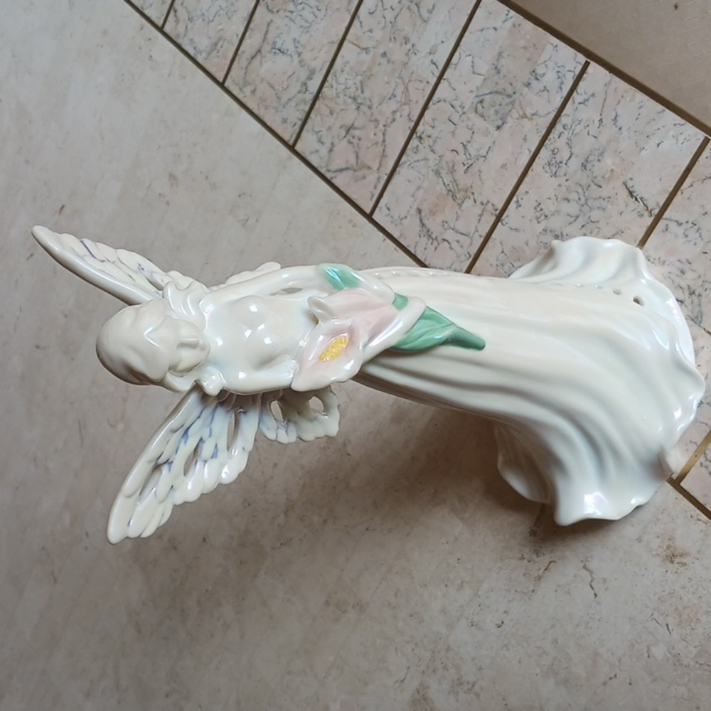 Angel- porcelain, illuminating 10" inches tall,holding tulips,-spring decor